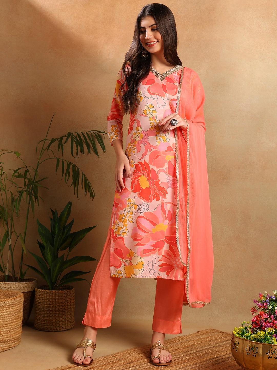 ZERESOUQ-Peach-Rayon-Blend-Floral-Printed-Straight-3-Piece-Kurta-Set
