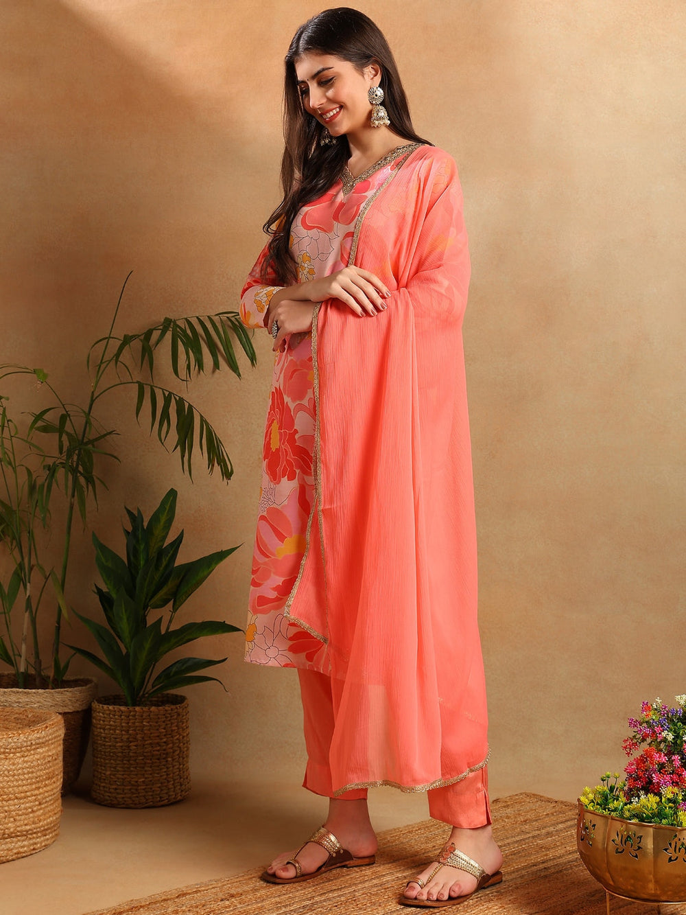 ZERESOUQ-Peach-Rayon-Blend-Floral-Printed-Straight-3-Piece-Kurta-Set