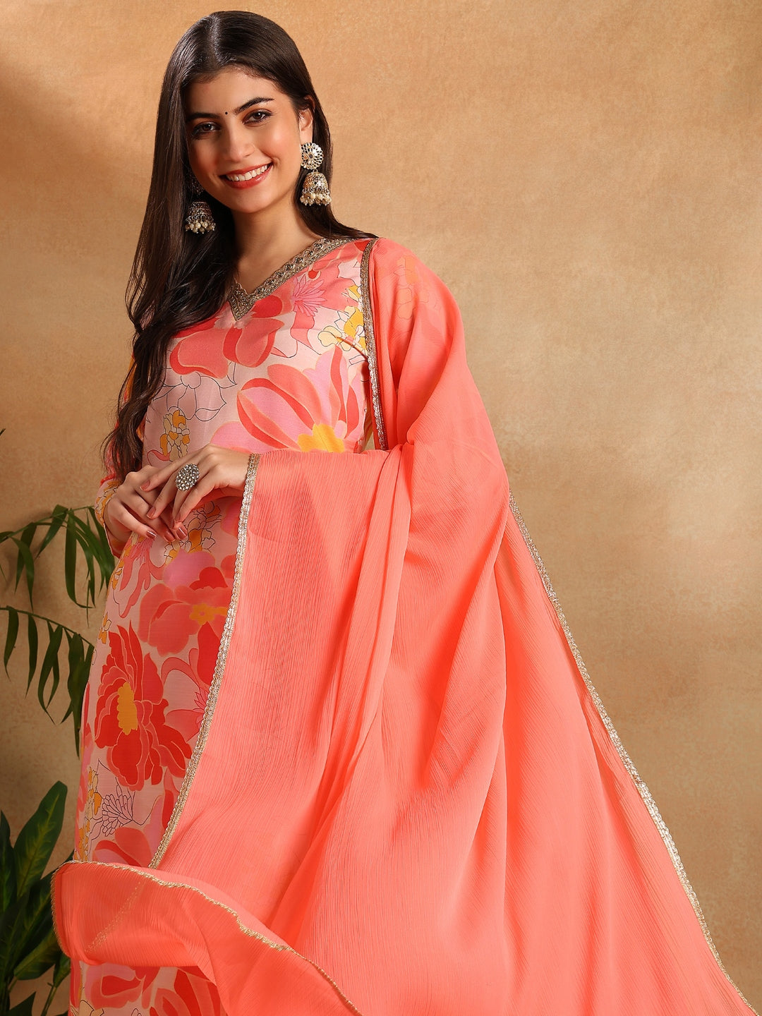 ZERESOUQ-Peach-Rayon-Blend-Floral-Printed-Straight-3-Piece-Kurta-Set