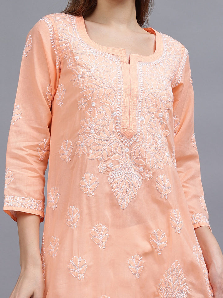 Peach-&-White-Cotton-Embroidered-Chikankari-Kurti
