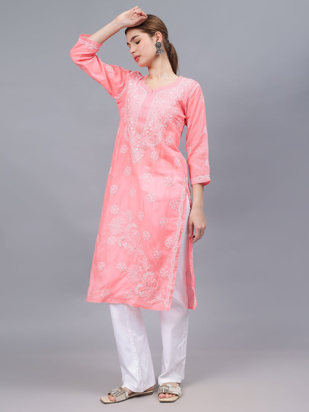 Peach-&-White-Cotton-Hand-Embroidered-Chikankari-Kurti