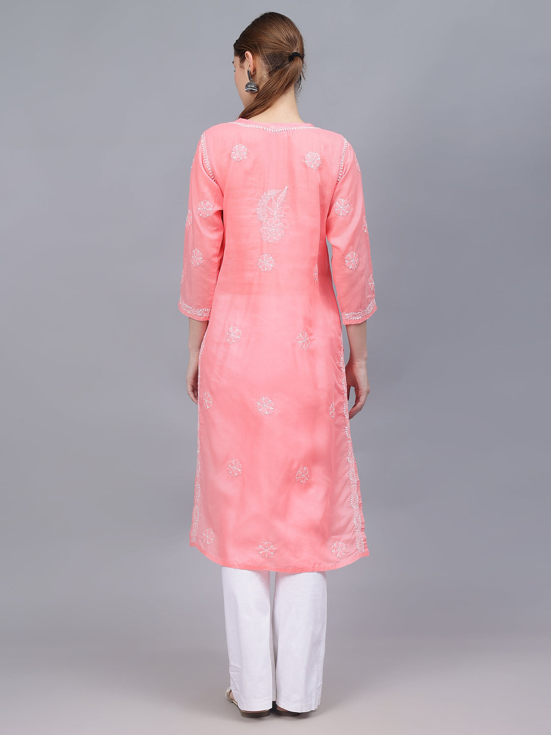 Peach-&-White-Cotton-Hand-Embroidered-Chikankari-Kurti