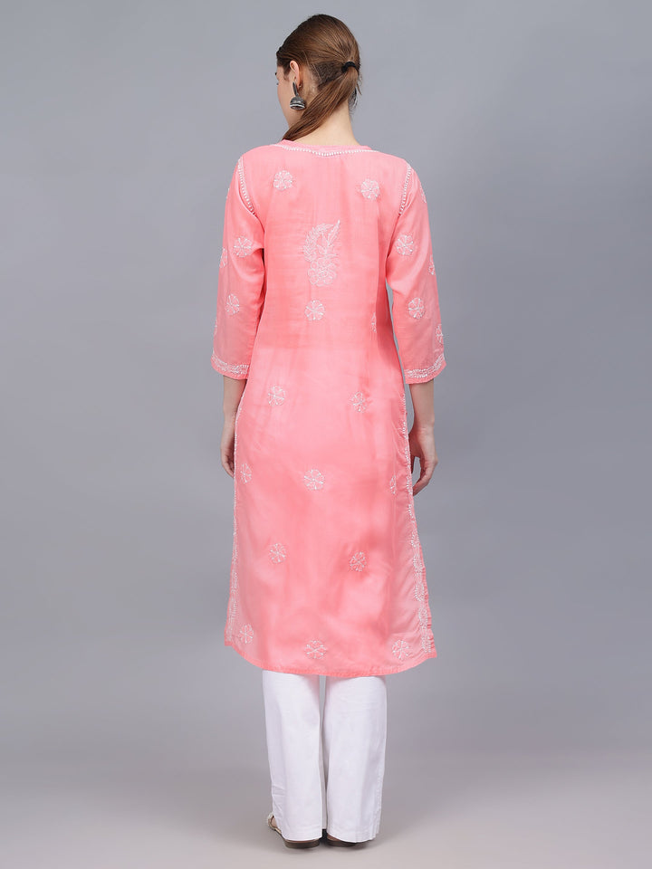 Peach-&-White-Cotton-Hand-Embroidered-Chikankari-Kurti