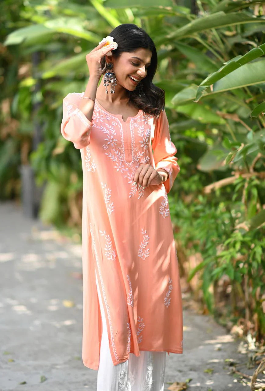 Peach-Cotton-Chikankari-Kurta-Only