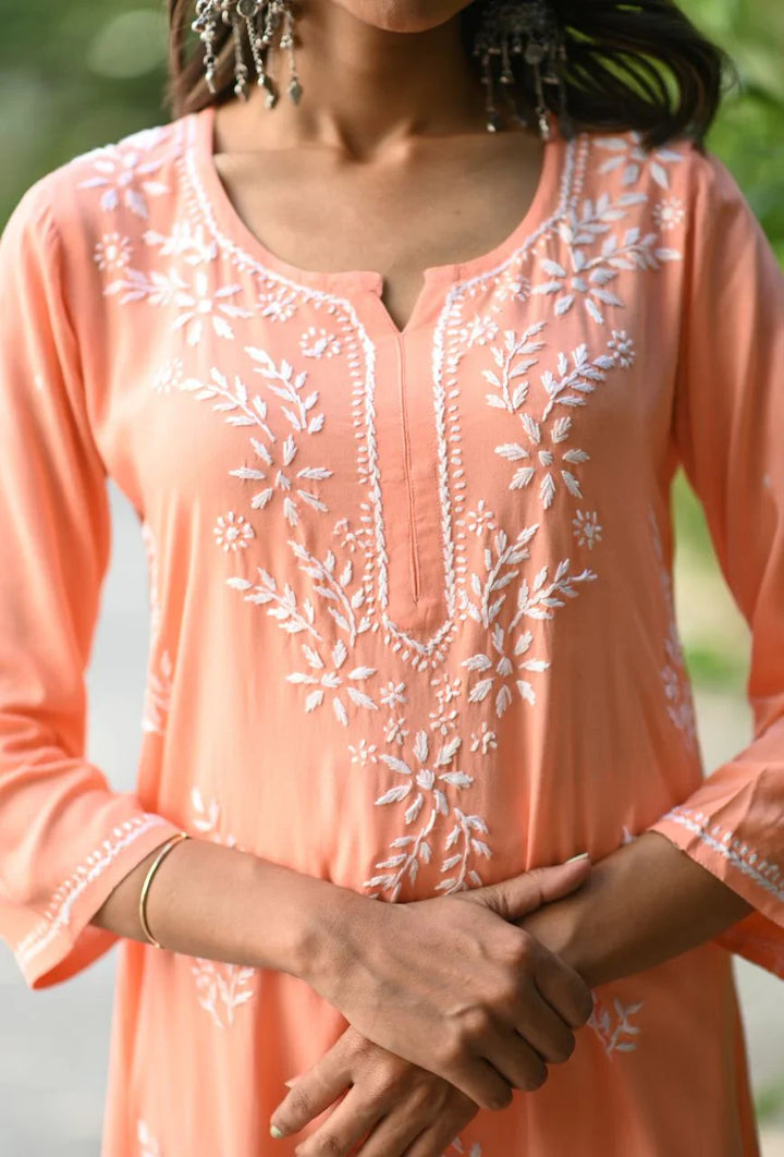 Peach-Cotton-Chikankari-Kurta-Only