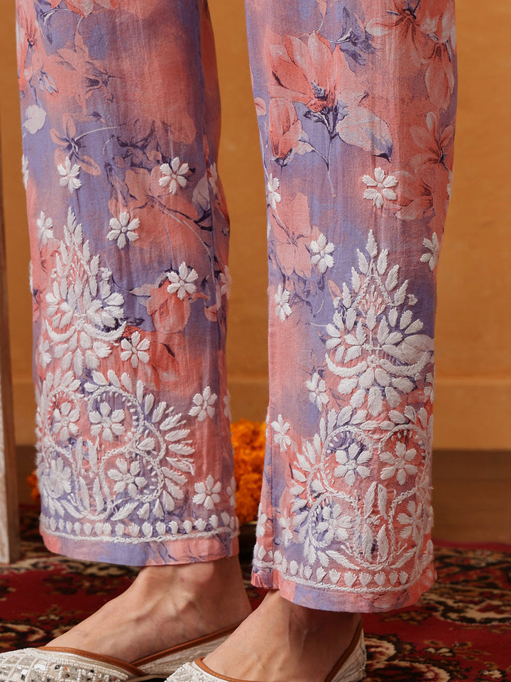 Peach-Cotton-Lucknowi-Chikankari-Printed-Kurta-Set