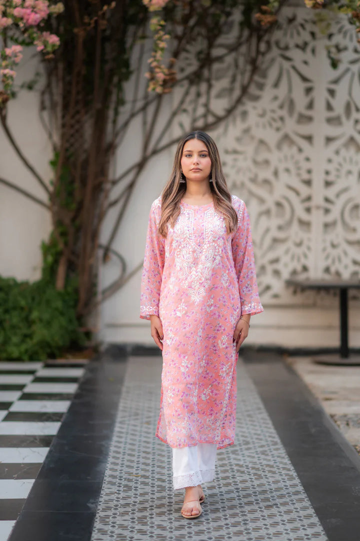 Peach-Georgette-Chikankari-Kurta-With-Slip