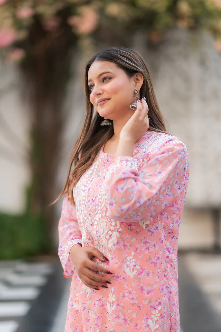 Peach-Georgette-Chikankari-Kurta-With-Slip