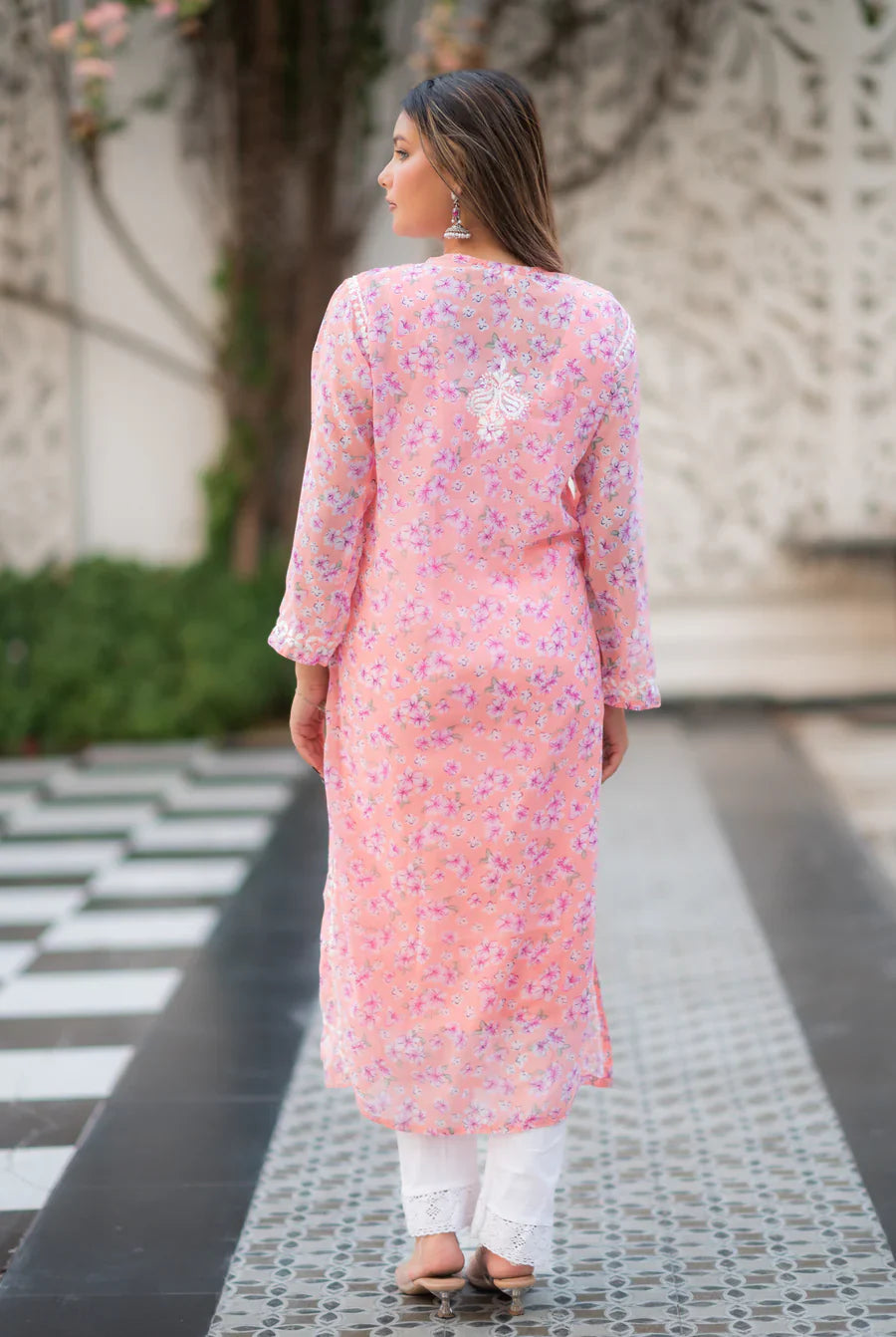 Peach-Georgette-Chikankari-Kurta-With-Slip