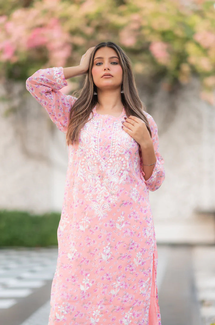 Peach-Georgette-Chikankari-Kurta-With-Slip