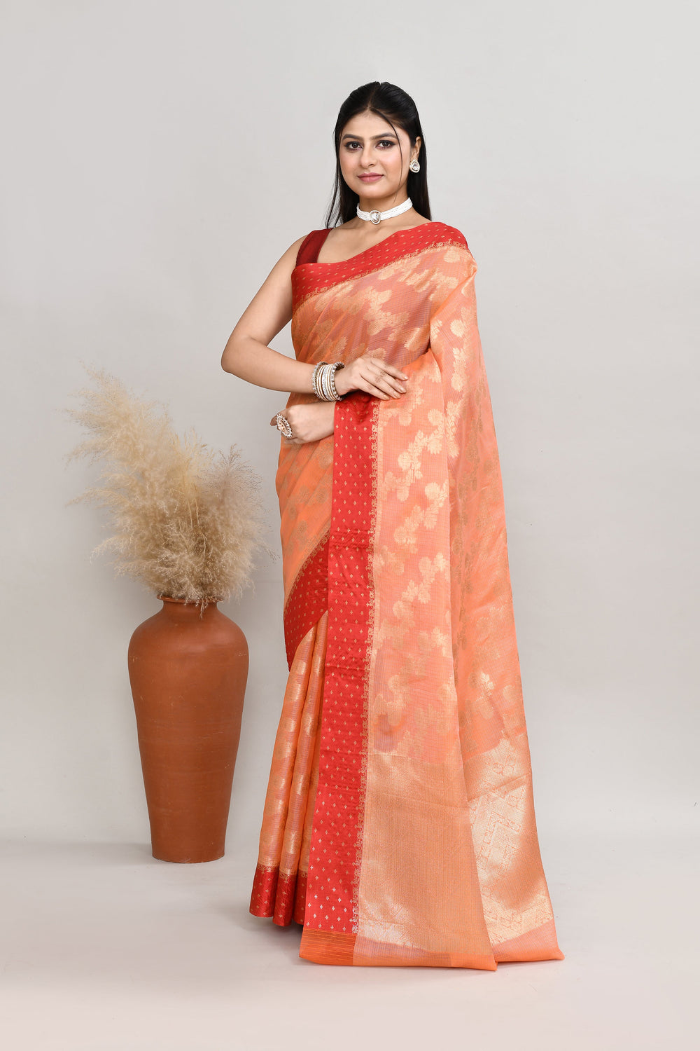 Peach-Kota-Silk-Red-Border-Banarasi-Zari-Work-Saree