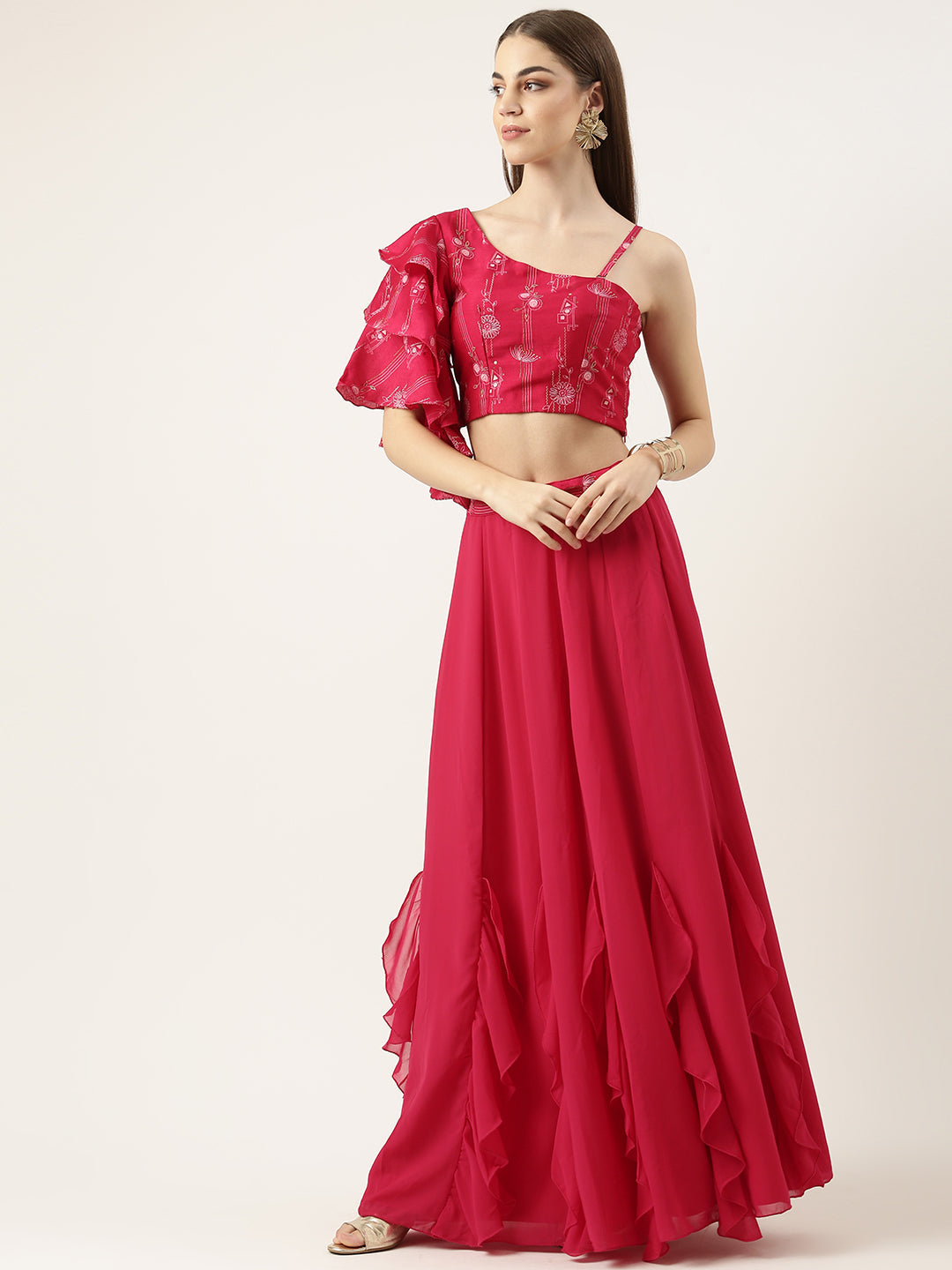 Pink-Art-Silk-Foil-Printed-One-Shoulder-Neck-Skirt-Set