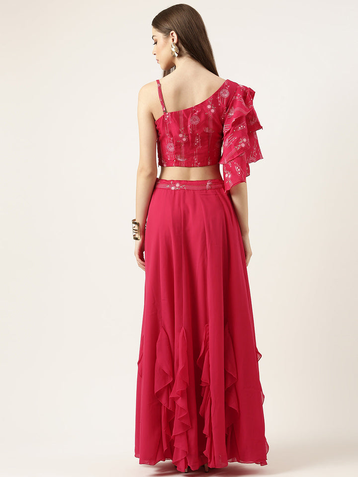Pink-Art-Silk-Foil-Printed-One-Shoulder-Neck-Skirt-Set