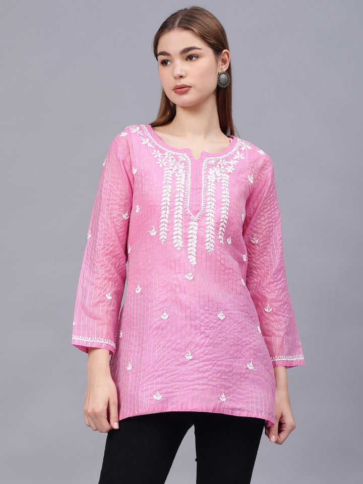 Pink-Chanderi-Embroidered-Chikankari-Tunic-With-Slip