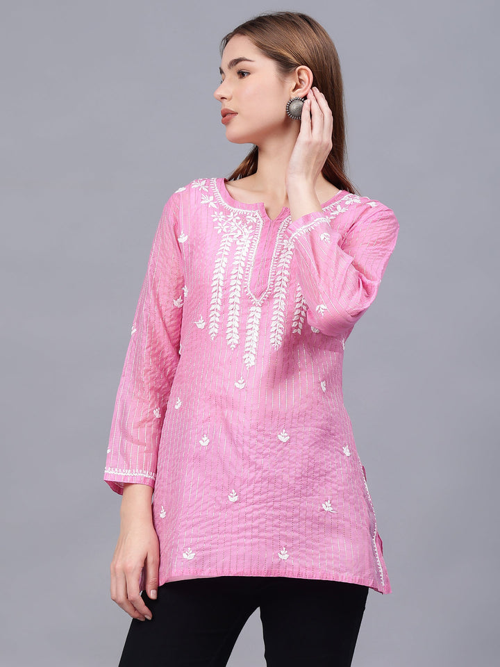 Pink-Chanderi-Embroidered-Chikankari-Tunic-With-Slip