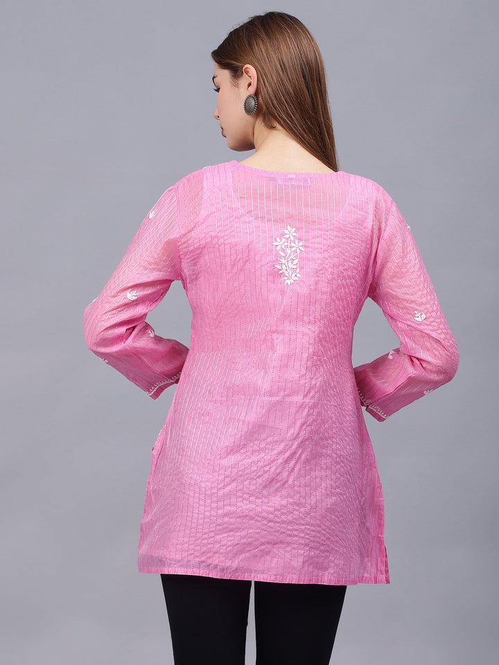 Pink-Chanderi-Embroidered-Chikankari-Tunic-With-Slip