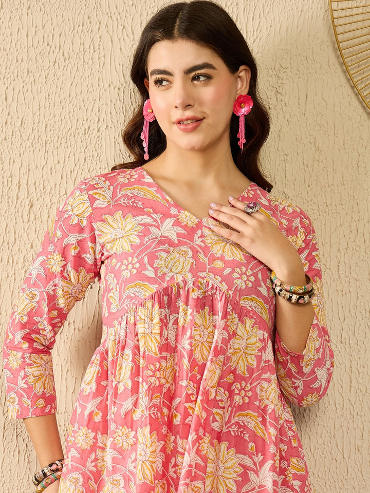 Pink Cotton Blend Floral Printed Peplum Tunic Top