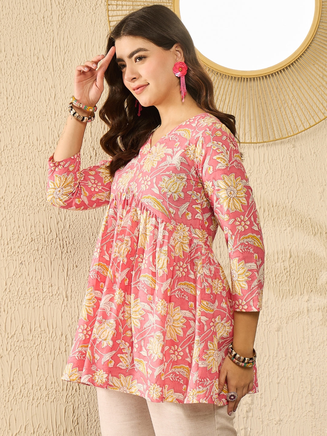 Pink Cotton Blend Floral Printed Peplum Tunic Top