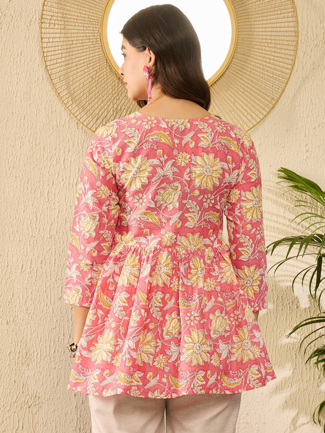 Pink Cotton Blend Floral Printed Peplum Tunic Top