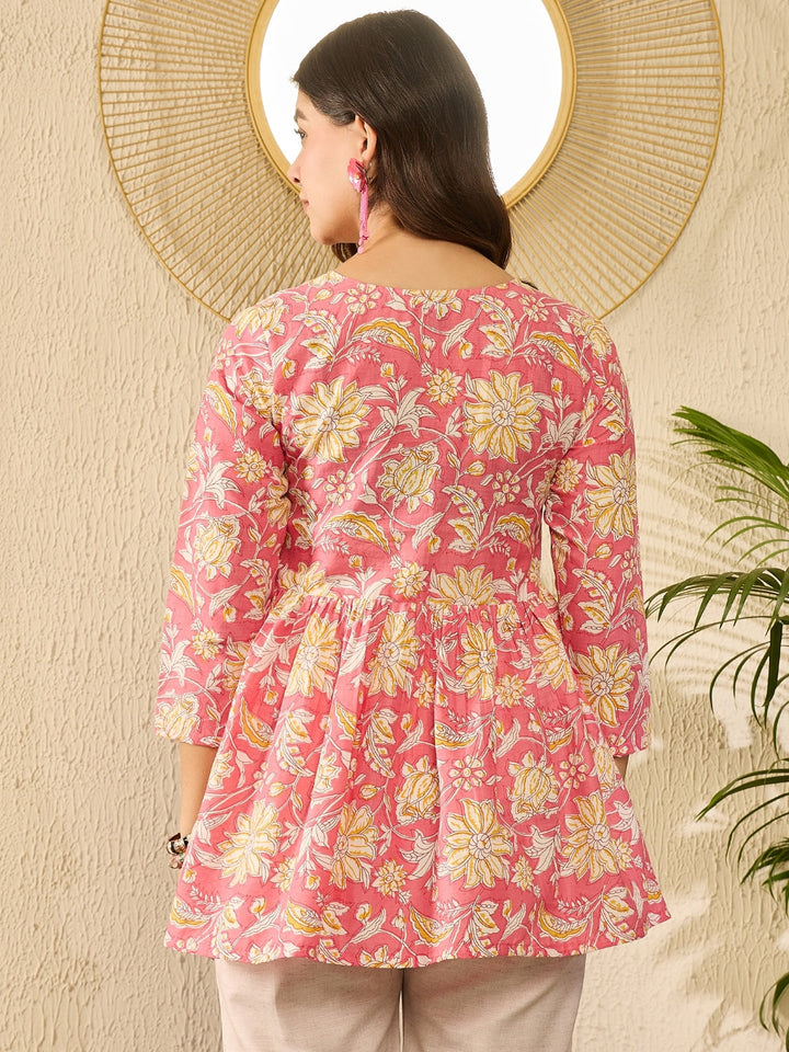 Pink Cotton Blend Floral Printed Peplum Tunic Top