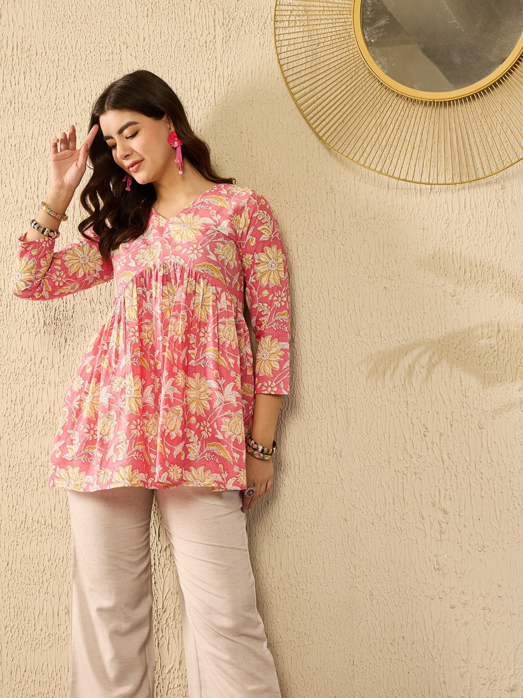 Pink Cotton Blend Floral Printed Peplum Tunic Top