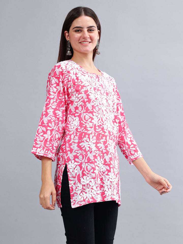 Pink-Cotton-Embroidered-Chikankari-Short-Tunic