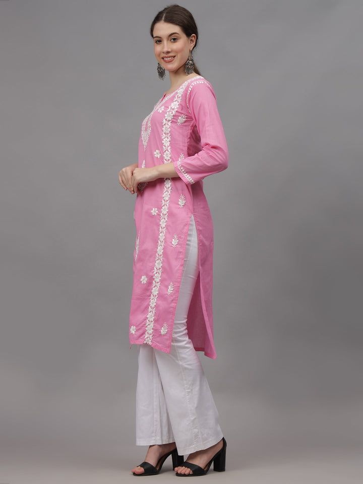 Pink-Cotton-Embroidered-Chikankari-Straight-Kurti