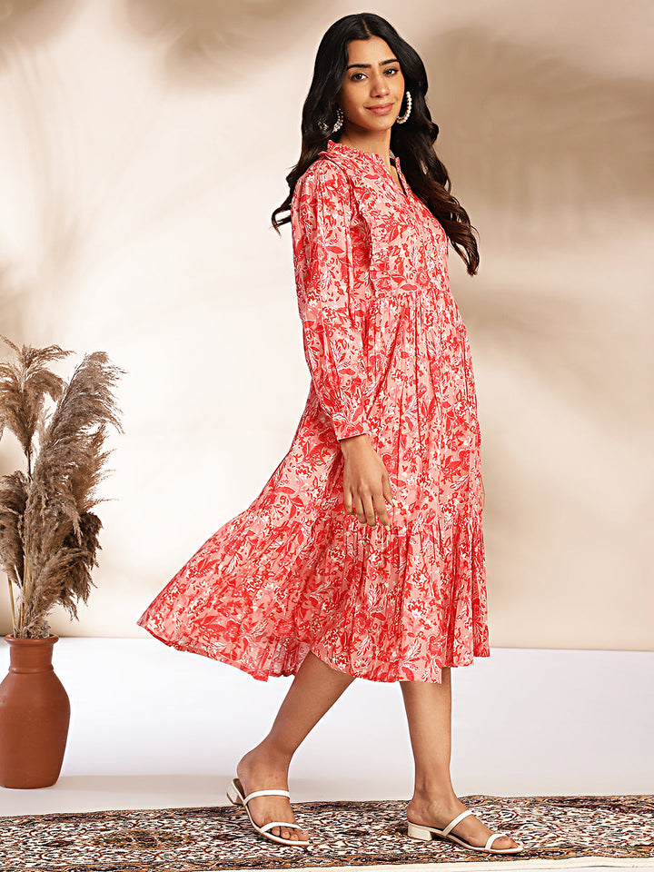 ZERESOUQ-Pink-Cotton-Floral-Printed-Balloon-Sleeves-Dress
