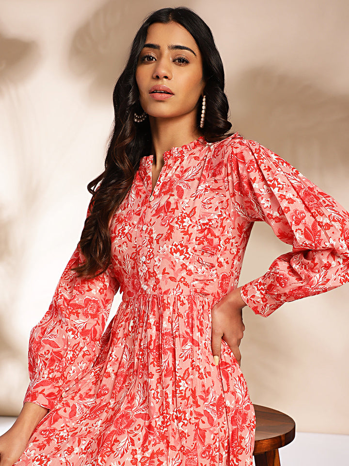 ZERESOUQ-Pink-Cotton-Floral-Printed-Balloon-Sleeves-Dress