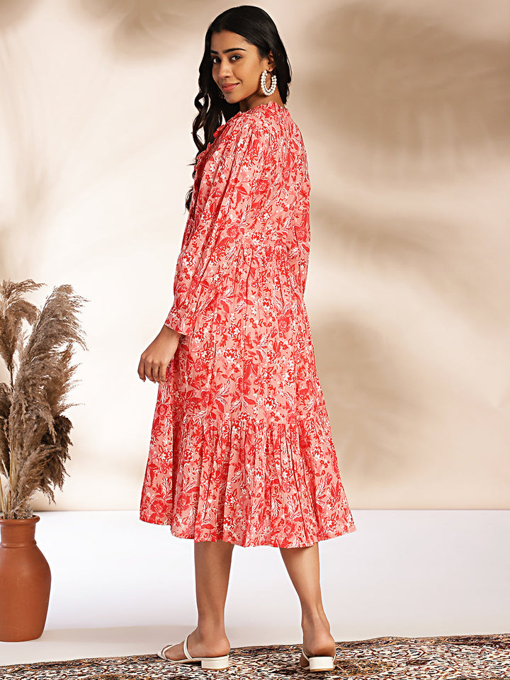 ZERESOUQ-Pink-Cotton-Floral-Printed-Balloon-Sleeves-Dress