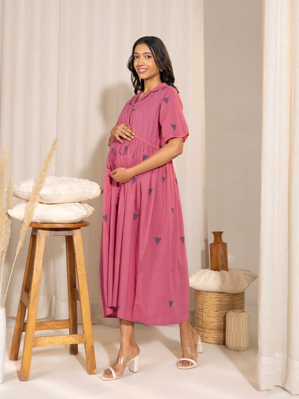 ZERESOUQ-Pink-Cotton-Geometric-Printed-Gathered-Dress