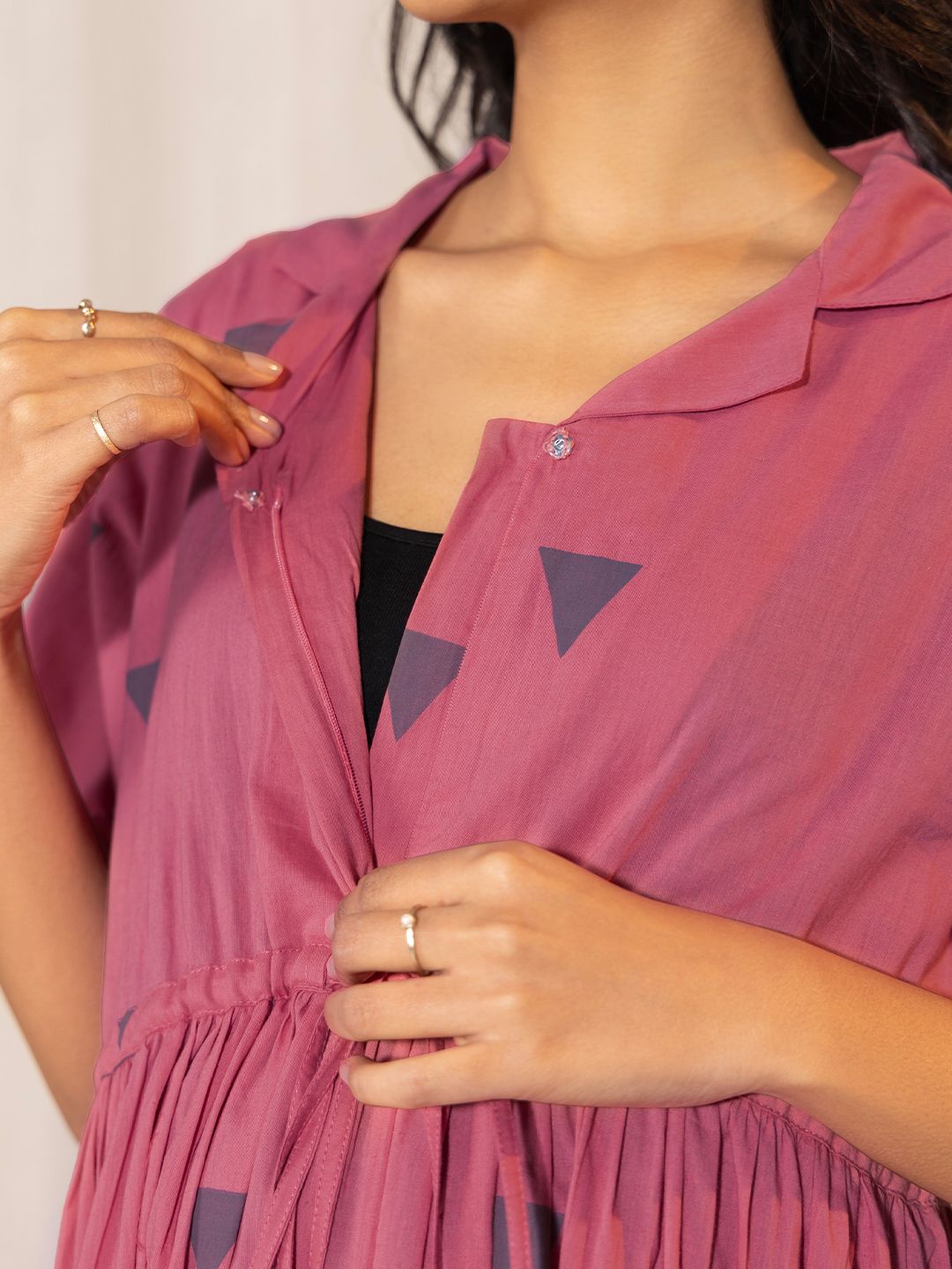 ZERESOUQ-Pink-Cotton-Geometric-Printed-Gathered-Dress