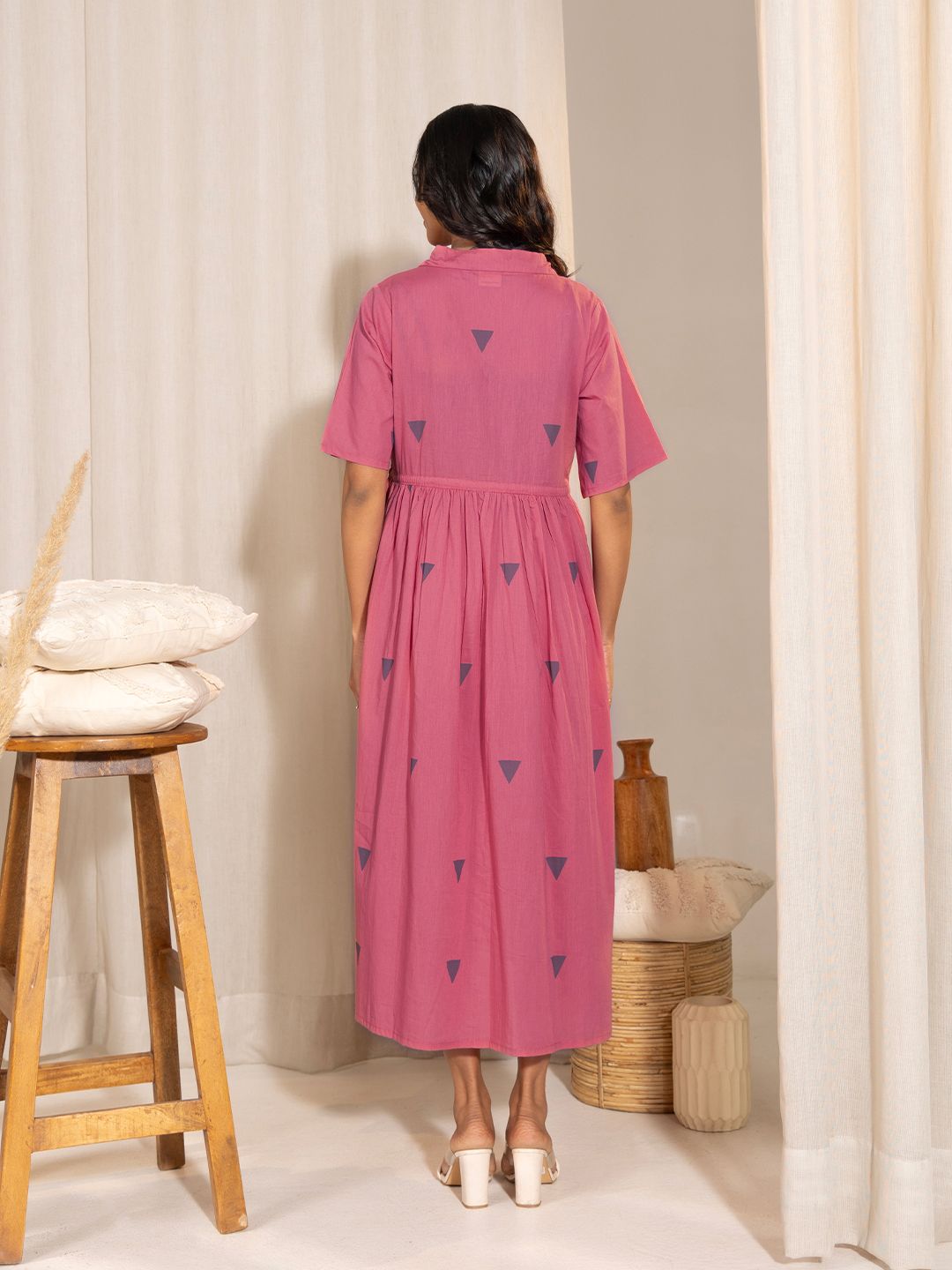 ZERESOUQ-Pink-Cotton-Geometric-Printed-Gathered-Dress
