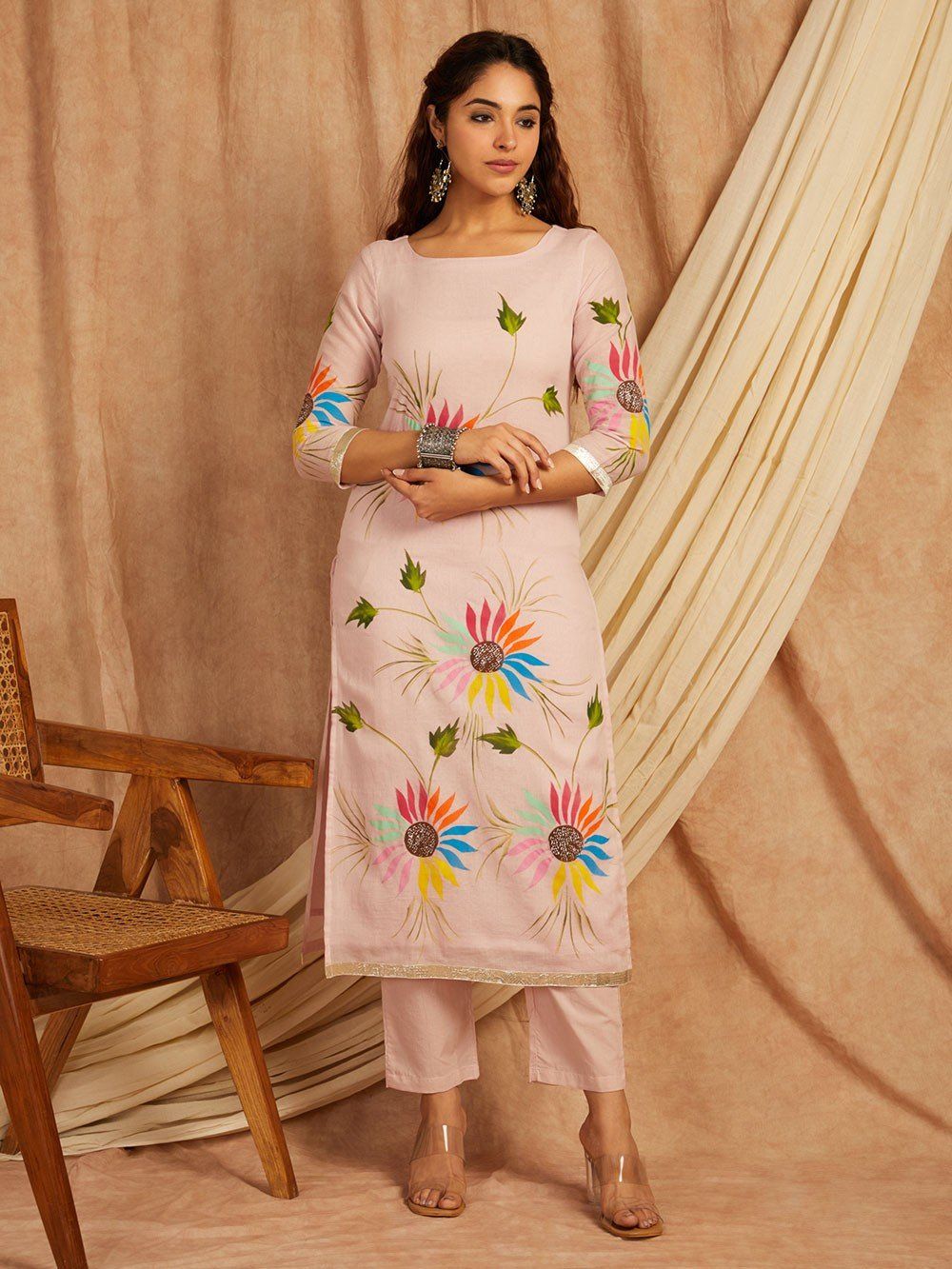 Pink-Cotton-Hand-Painted-3-Piece-Kurta-Set