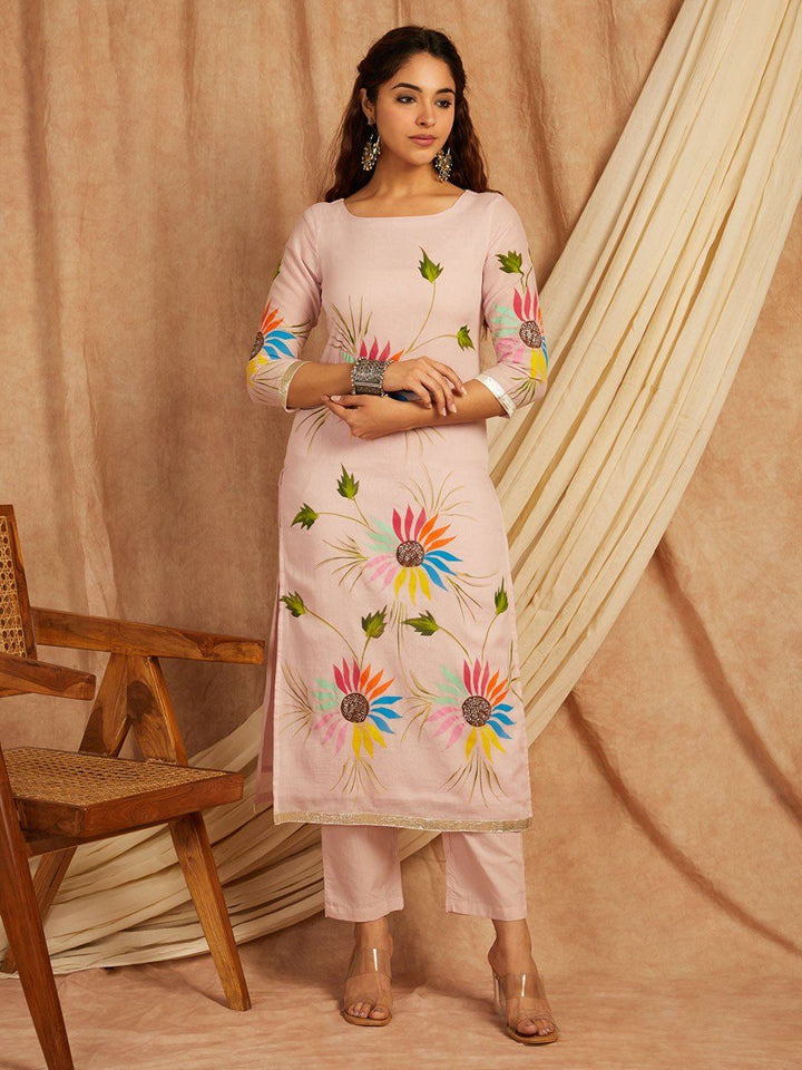 Pink-Cotton-Hand-Painted-3-Piece-Kurta-Set
