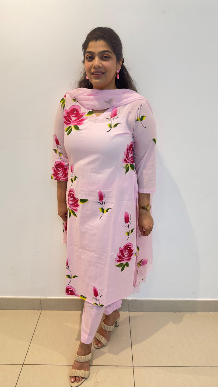 Pink-Cotton-Hand-Painted-Phool-Floral-Kurta-Set