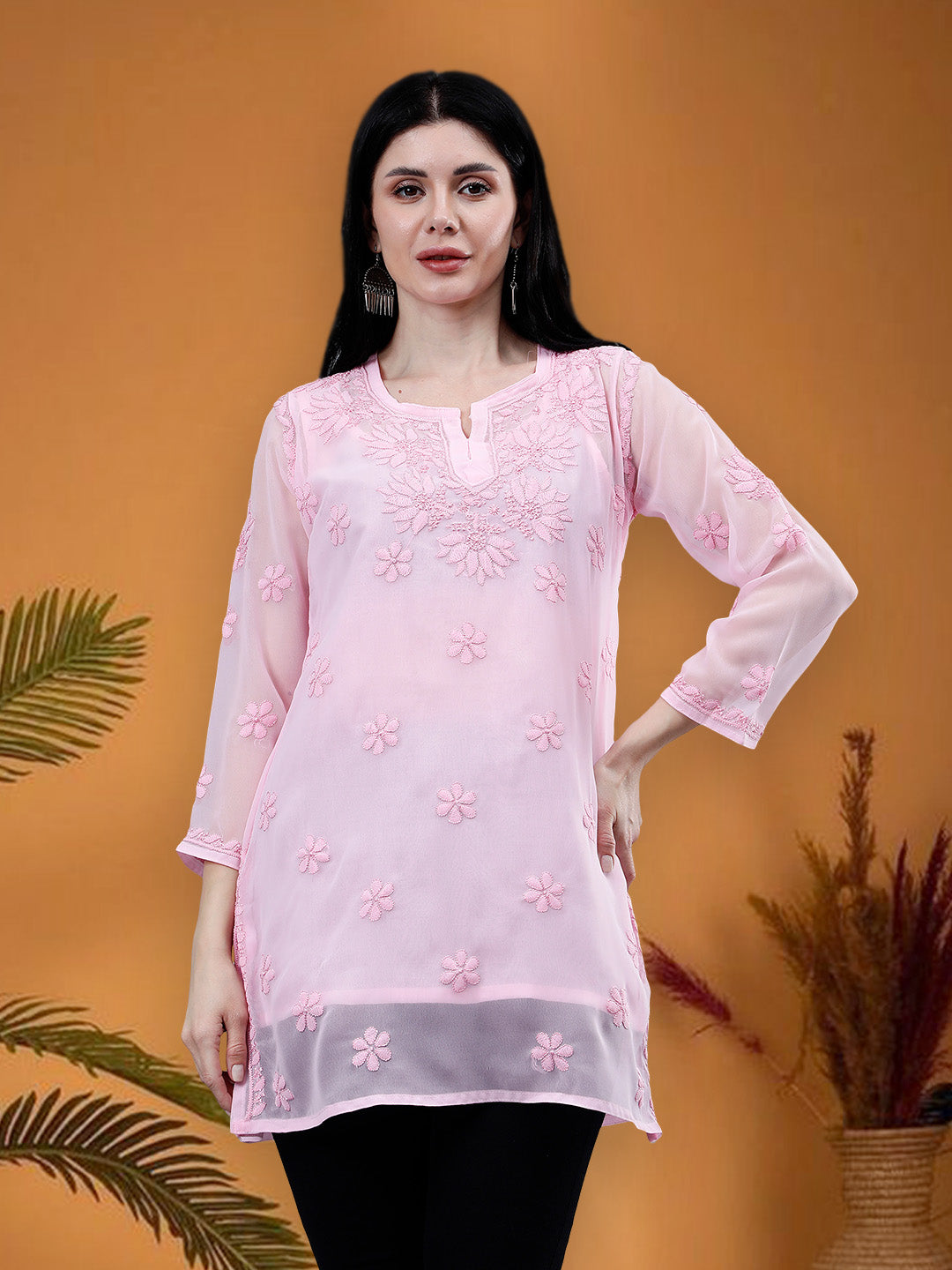 Pink-Georgette-Hand-Embroidered-Chikankari-Short-Tunic-with-Slip