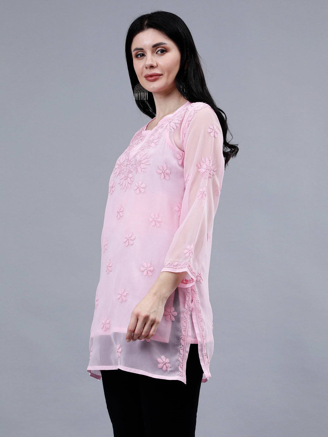 Pink-Georgette-Hand-Embroidered-Chikankari-Short-Tunic-with-Slip