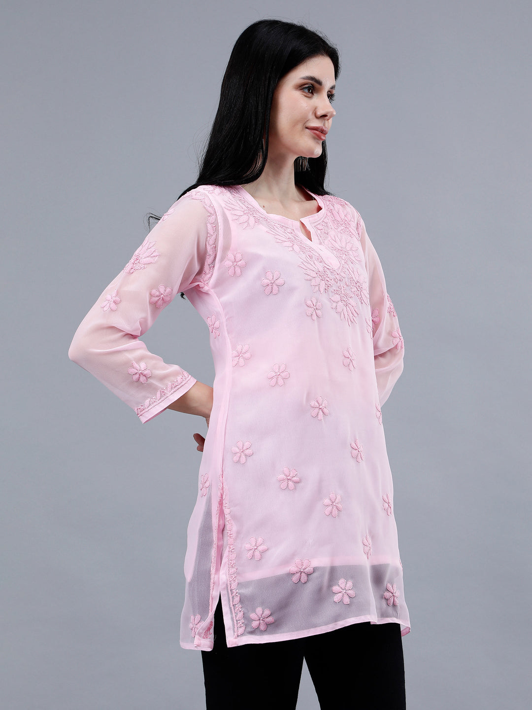 Pink-Georgette-Hand-Embroidered-Chikankari-Short-Tunic-with-Slip