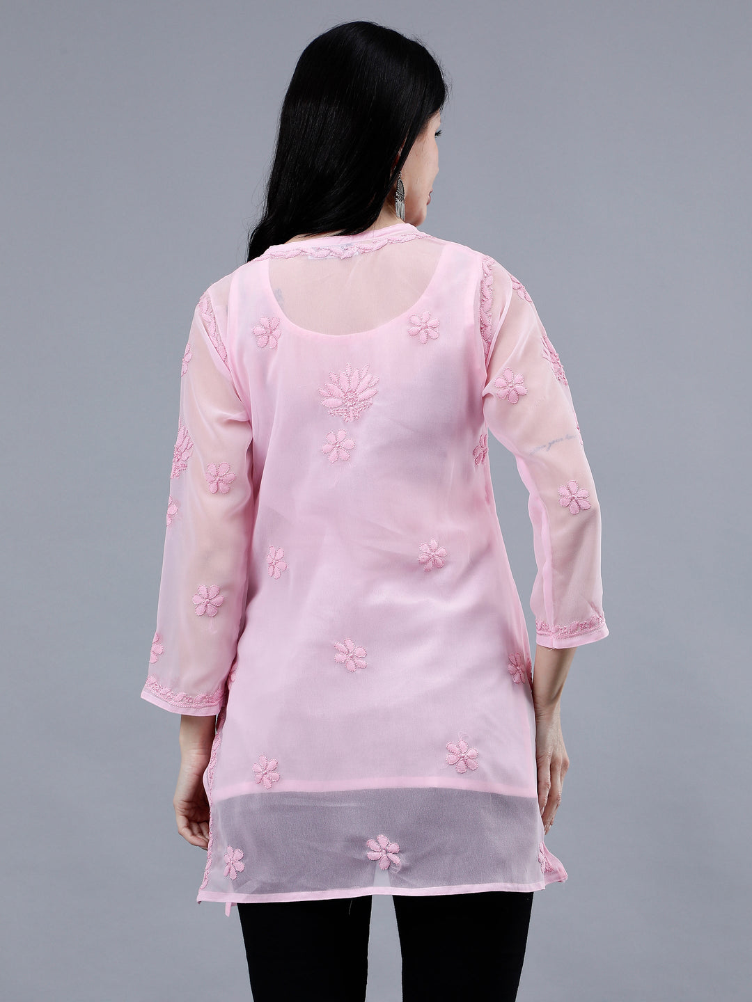 Pink-Georgette-Hand-Embroidered-Chikankari-Short-Tunic-with-Slip