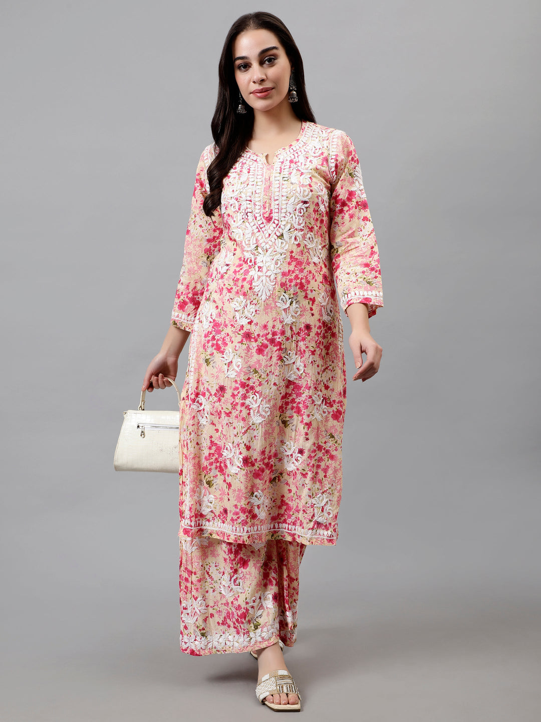 Pink-Mulmul-Embroidered-Chikankari-Kurta-&-Palazzo-Set
