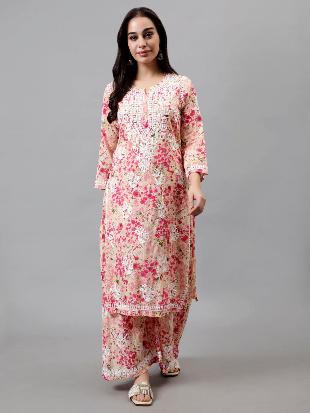 Pink-Mulmul-Embroidered-Chikankari-Kurta-&-Palazzo-Set