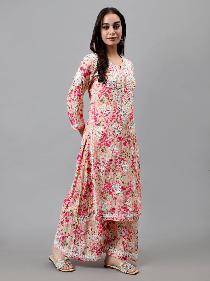 Pink-Mulmul-Embroidered-Chikankari-Kurta-&-Palazzo-Set
