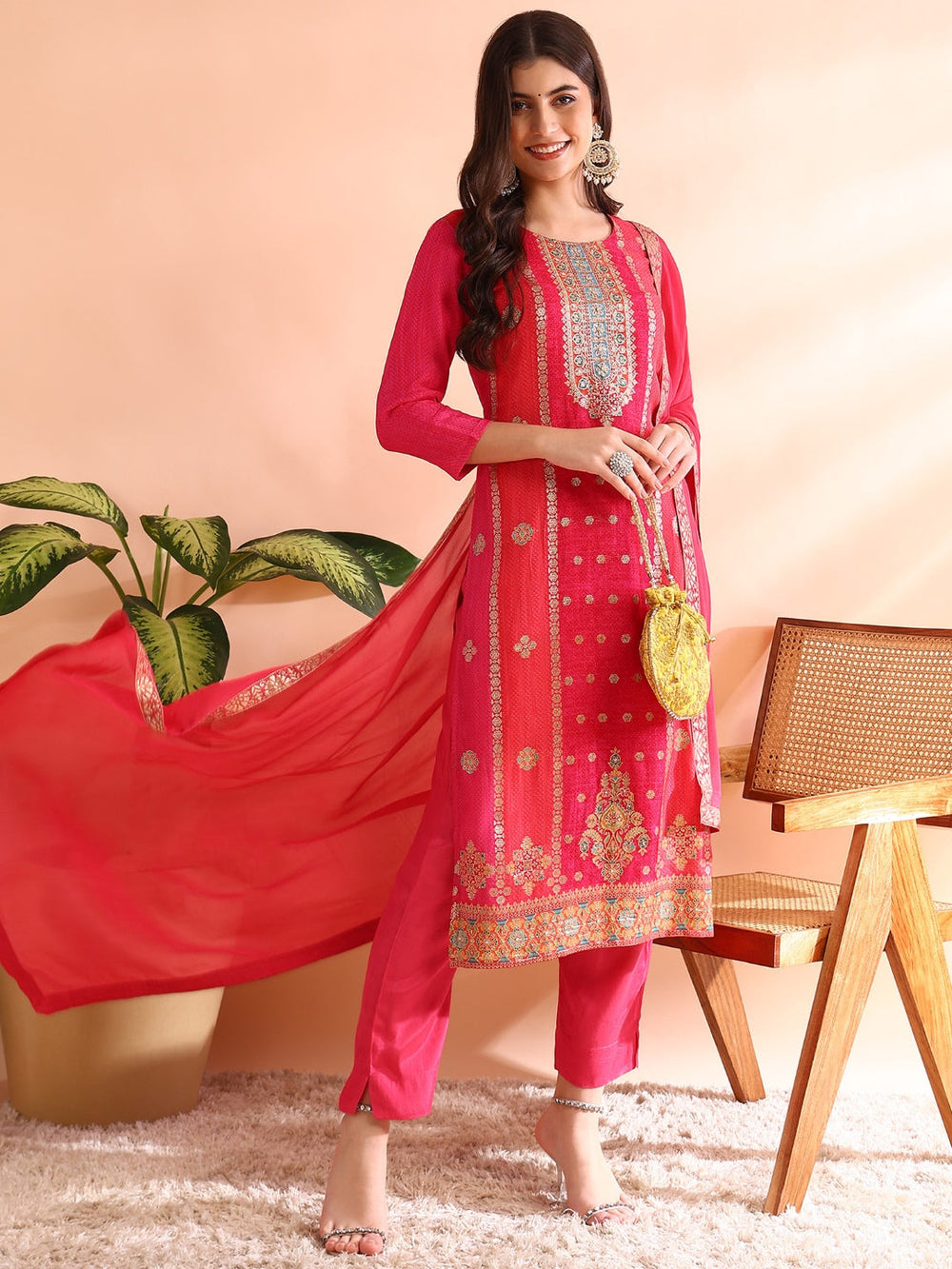 ZERESOUQ-Pink-Organza-Ethnic-Motifs-Woven-Design-3-Piece-Kurta-Set