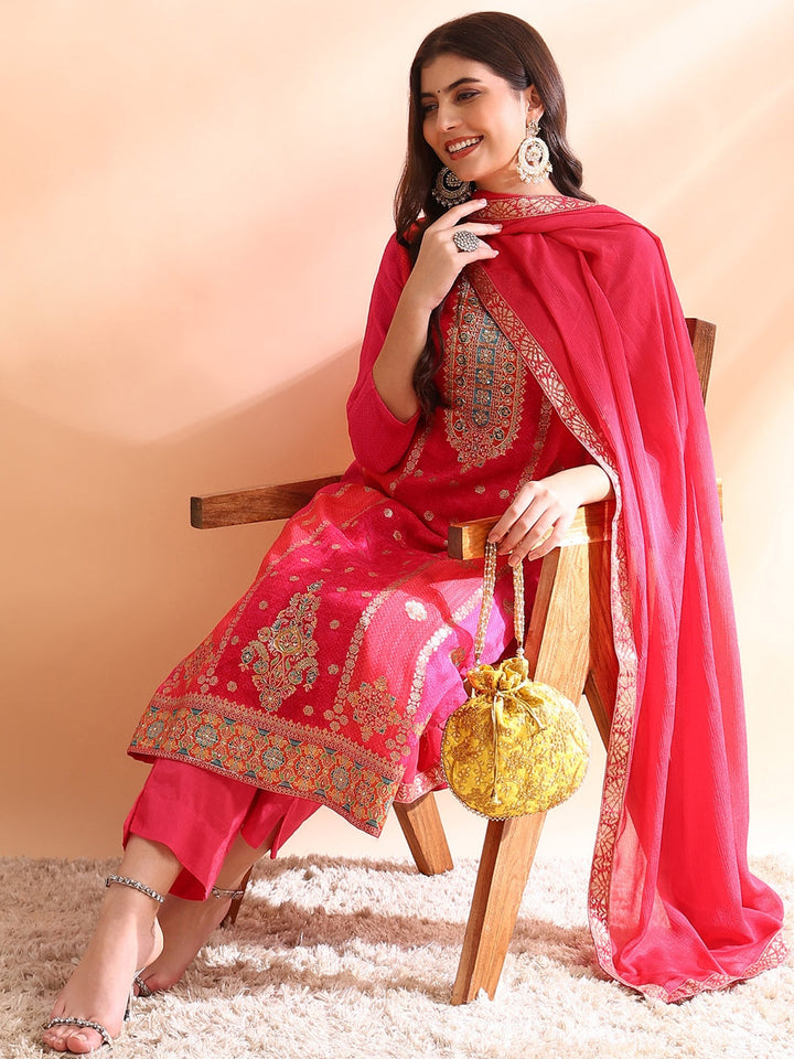 ZERESOUQ-Pink-Organza-Ethnic-Motifs-Woven-Design-3-Piece-Kurta-Set