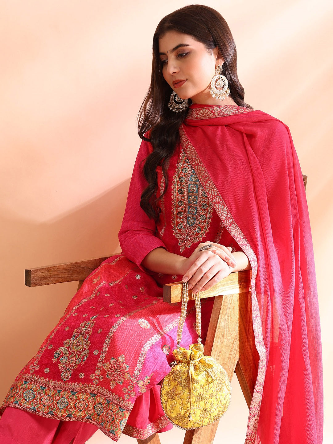 ZERESOUQ-Pink-Organza-Ethnic-Motifs-Woven-Design-3-Piece-Kurta-Set
