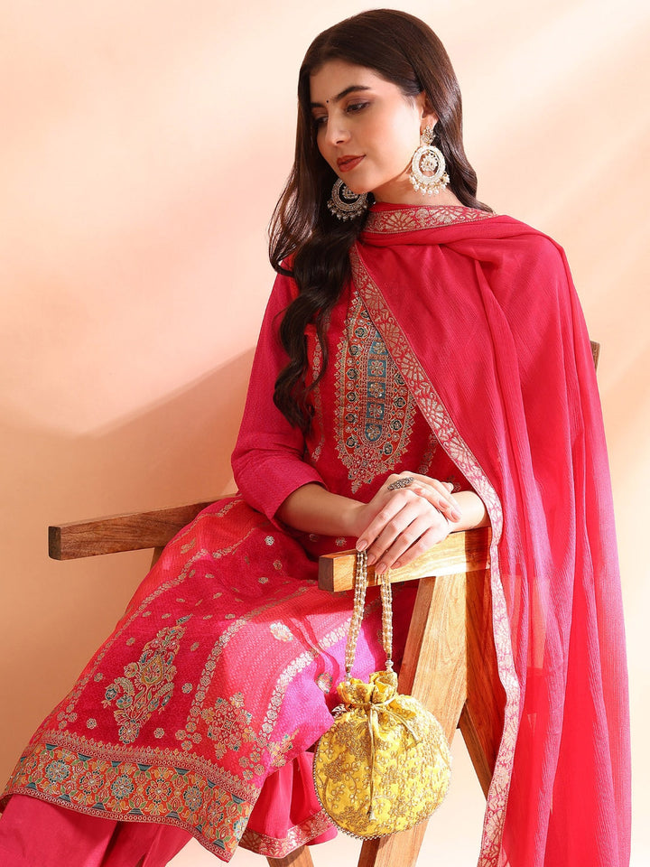 ZERESOUQ-Pink-Organza-Ethnic-Motifs-Woven-Design-3-Piece-Kurta-Set