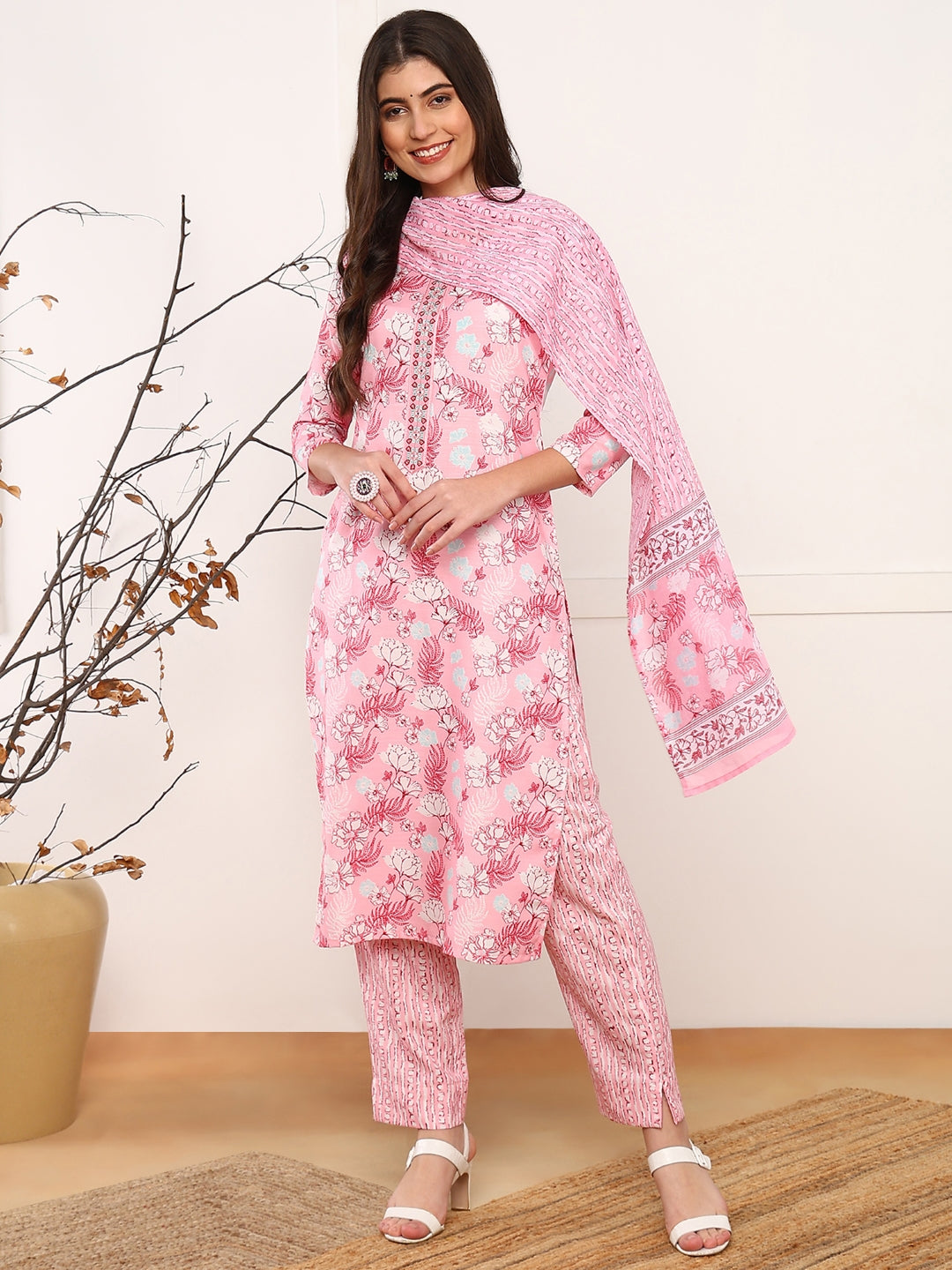 ZERESOUQ-Pink-Poly-Rayon-Floral-Printed-3-Piece-Kurta-Set