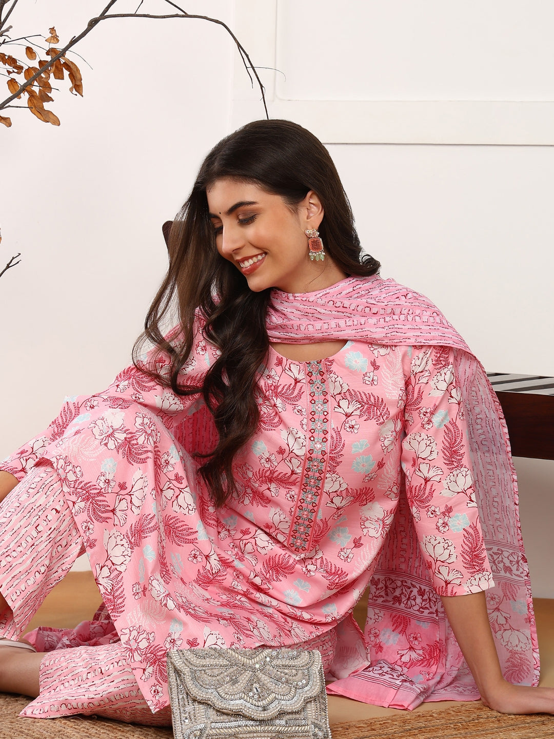 ZERESOUQ-Pink-Poly-Rayon-Floral-Printed-3-Piece-Kurta-Set
