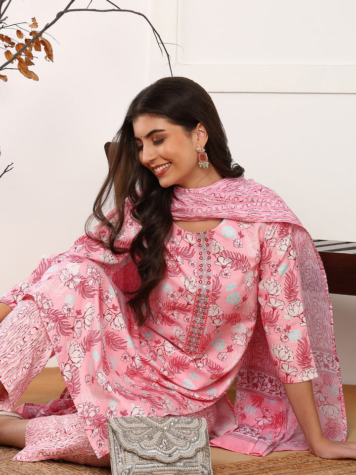 ZERESOUQ-Pink-Poly-Rayon-Floral-Printed-3-Piece-Kurta-Set